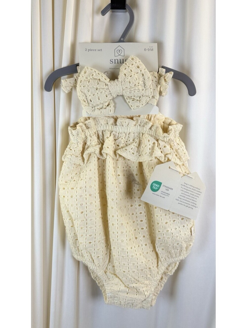 Snug 2-Piece Yellow Eyelet Ruffle Romper Set w/ Bow Headband, 3-6 Months NWT